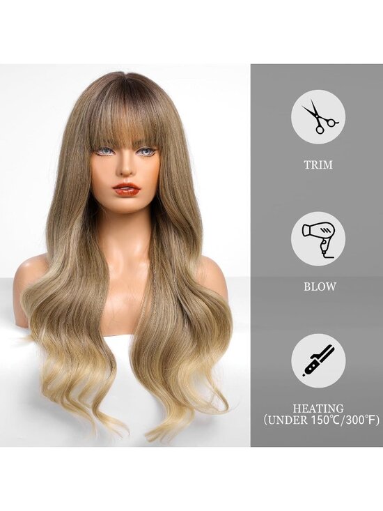 Women\'s Ash Blonde Resistant Long Curly Wavy Synthetic Wig with Bangs Size 26In main image 4